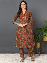 Women Brown Pure Cotton Ethnic Motifs Printed Kurta Trouser With Dupatta